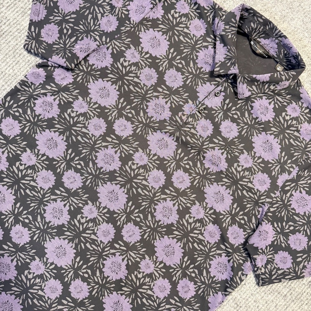 TravisMathew Not Happening Floral Print Men's Golf Polo Shirt Purple Black XXL
